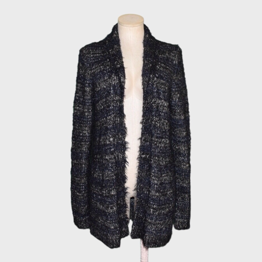 Lucky Brand Metallic Fuzzy Knit Open Front Shawl Collar Cardigan